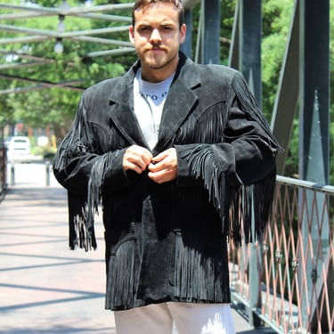Vintage Alamo Leather Wear Fringe Jacket, XL Men, Black Suede, Epic Fringe 