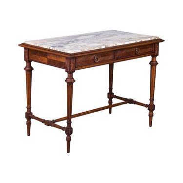 Antique French Louis XVI Style Walnut Console Table W/ Calacatta Marble 