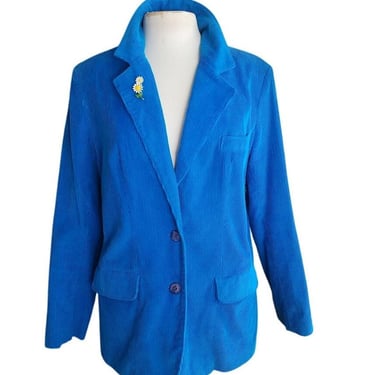 Vintage 80s Blue Corduroy Blazer w/Enamel Pin 