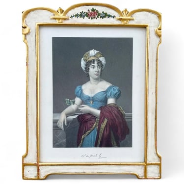 Antique Framed Portrait of Madame De Staël ~ Colored Steel Engraving of Renowned Swiss-French Writer in OOAK Hand Painted Frame. 