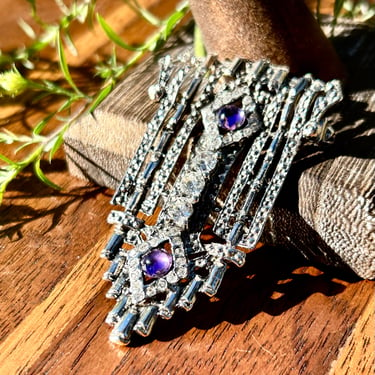 Vintage Art Deco Style Waterfall Brooch Rhinestones Faux Purple Gemstones Retro Fashion Jewelry 