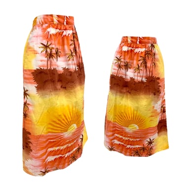 Vtg Vintage 1960s 60s A-Line Warm Tropical Sunset Hawaiian Midi Skirt 