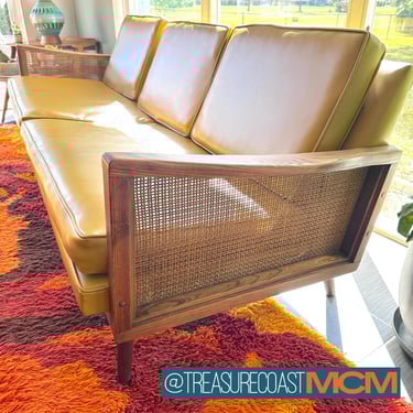 MCM Sofa By Lawrence Peabody for Nemschoff / Wood, Cane, Mustard Yellow Vinyl or Naugahyde /  Mid Century Modern / Shipping Not Included 