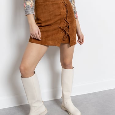 BROWN SUEDE SKIRT Corset Side Ties Y2K Mid Rise Mini Skirt Caramel Vintage / Size 6 / 38 39 Inch Hips 