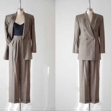 brown wool suit | 80s 90s vintage Jones New York brown cream plaid checkered dark academia high waisted wide leg pants trousers blazer 