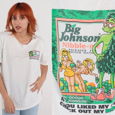 Vintage 90s Big Johnson Shirt Green Johnson Joke T-Shirt Graphic Tee Retro Funny Green Giant Peas Tshirt White Kinky Vintage 1990s Large L 