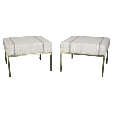 Pair of Brass Paul McCobb Planner Group Style Square Upholstered Ottomans