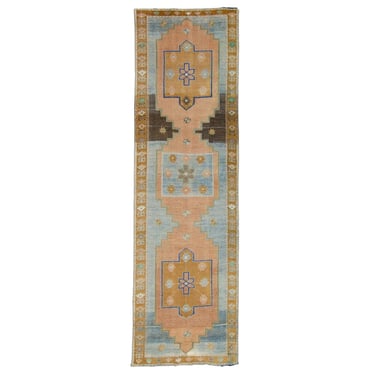 Vintage 3’4” x 11’6” Geometric Medallion Wool Hand-Knotted Runner - FREE DOMESTIC SHIPPING 