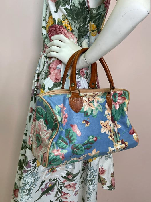 Vtg 80s floral leather handbag purse cotton prairie 
