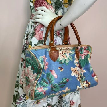 Vtg 80s floral leather handbag purse cotton prairie 