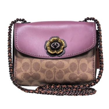 Coach - Purple &amp; Brown Leather Logo Flower Clasp Shoulder Bag