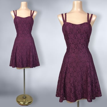 VINTAGE 80s Burgundy Lace Fit n Flare Baby Doll Mini Slip Dress with Sunburst Straps M/L | 1980s 1990s Sweetheart Party Prom Dress | VFG 