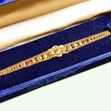 Handmade Indian 22KT Yellow Gold Enamel Link Bracelet, Fine Gold Jewelry, Adjustable Hook Clasp, 6.75-7.25" 