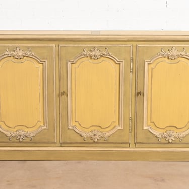 Baker Furniture French Provincial Louis XV Olive Green and Cream Lacquered Sideboard Credenza