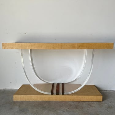 Karl Springer Style Grasscloth Lucite & Brass Console Table 