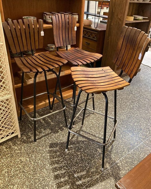 Wood slat bar stools. 3 available 15.5” x 17.5” x 42.5” seat height 30”
