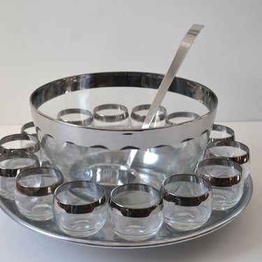 Mid Century Dorothy Thorpe Silver Rim Allegro Punch Bowl, Cocktail Server - Set of 17 pieces 