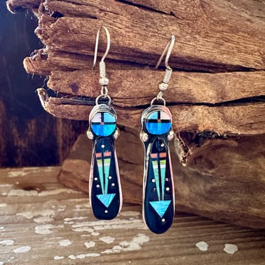 ARROW HEAD Night Sky Silver Earrings | Inlay, Turquoise Opal Jet Coral Mother of Pearl | S Hallmark | Native American Southwestern Jewelry 