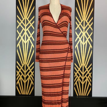 1990s maxi dress, vintage wrap dress, striped orange dress, metallic knit dress, sweater dress, size small, long slinky dress, 27 