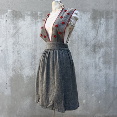 Vintage 1930s Grey Wool Dress Deep V Cut Red Flower Appliqués Midi Sleeveless