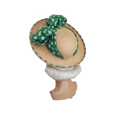 1940s Straw Platter Sun Hat with Green Polka Dot Bow - 1940s Sun Hat - 1940s Green Sun Hat - 1940s Straw Hat - 1940s Platter Hat - 40s Hat 