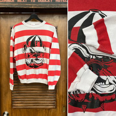 Vintage 1980’s Red x White Stripe Bulldog University College Sweatshirt, 80’s Pullover, Vintage Clothing 