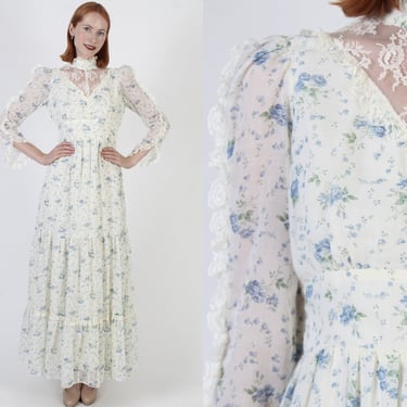 Long Victorian Blue Calico Maxi Dress, Vintage 70s Boho Wedding Gown, Cottagecore Style Edwardian Outfit 