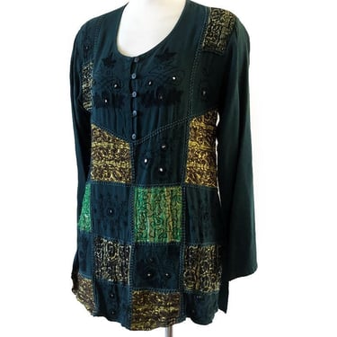 80's Vintage INDIA Tunic Top Blouse Shirt Pullover Hippie Boho Ethnic Mirrors 1980's Green Embroidered Patchwork, Soft Cotton, Pullover 