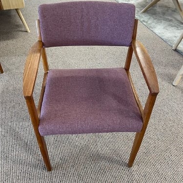 Dining Chair with Arms (2)<br />Manufactured by Bromin<br />Made in Denmark<br />Teak Wood<br />Mauve Fabric<br />W 20.5 x D 19 x H 31