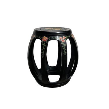 Chinese Black Color Flower Graphic Round Barrel Shape Wood Stool ws3131E 
