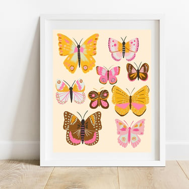 Gold and Pink Butterflies 8 X 10 Art Print/ Woodland Illustration/ Moths Home Decor/ Girls Bedroom Art/ Insect Nursery Decor 