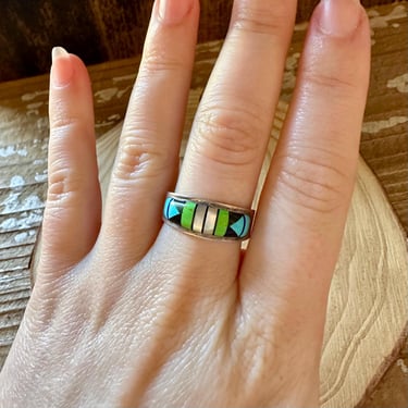 COME TOGETHER Micro Inlay Ring | Silver Turquoise Abalone | Southwestern Jewelry | Most Likely Zuni Made | Sizes 6, 7, 8 