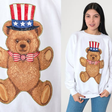 Patriotic Teddy Bear Sweatshirt 90s Glittery Uncle Sam Sweater American Flag Graphic Shirt Sparkly Pullover White Vintage 1990s Large L 