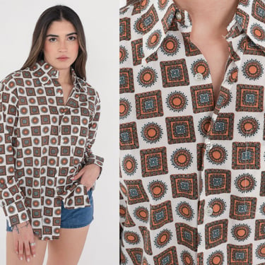 70s Disco Shirt Retro Button up Shirt Geometric Celestial Tile Print Top Collared Hippie Long Sleeve White Vintage 1970s Mens Medium 15 1/2 