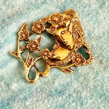 Art Nouveau Brooch, Artistic Woman, Goddess, Gold Tone Metal, Cut Out, Vintage 80s 90s 