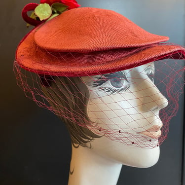 1950s hat, red straw hat,  vintage millinery, roses, mrs maisel style, hat with veil, flower hat, savage Juliette, meadow brook, rockabilly 