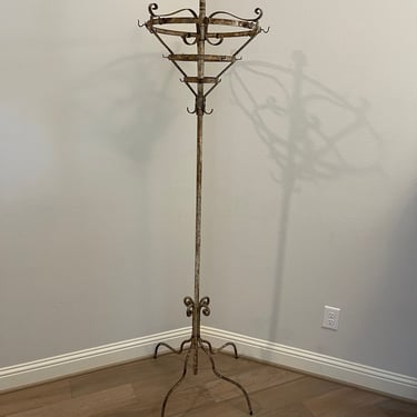 19th Century French Hotel Revolving Wrought Iron Tiered Rounder Coat Rack - Tall Antique Industrial Clothes Hanger Stand 
