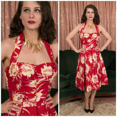 1950s Dress - Fantastic Saturated Red Floral Hawaiian Bombshell Dress with Halter and Full Skirt 