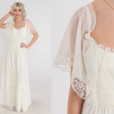 Long White Dress 70s Lace Trim Maxi Dress Sheer Flutter Sleeve Tiered Empire Waist Boho Bridal Romantic Elopement Gown Vintage 1970s XS 