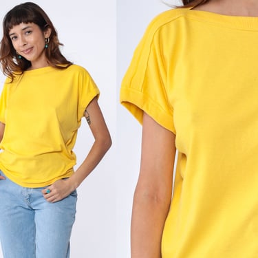 Slouchy Yellow Shirt 80s Boatneck Blouse Plain Shirt 80s Top Short Sleeve Shirt Slouch Boat Neck 1980s Retro Tee Vintage Medium Large 