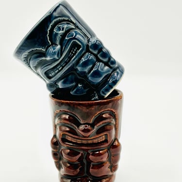 Vintage Blue and Brown Tiki Shot Glass Drum Statue by Tiki Farm by LeChalet