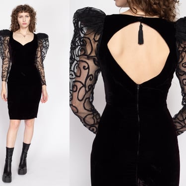 Small 80s Climax Karen Okada Velvet Sheer Puff Sleeve Party Dress | Vintage Black Keyhole Back Formal Mini Dress 