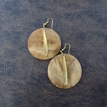 Large round stained wooden and gold earrings 