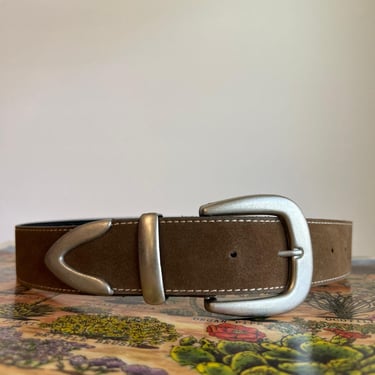 Vintage 90s Brown Vegan Leather Wide Silver Tipped Western Belt - S/M 