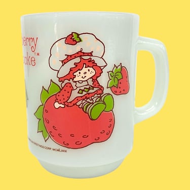 Vintage Strawberry Shortcake Mug Retro 1980s American Greetings Corp + Anchor Hocking + Milk Glass + Strawberries + Cartoon + Drink Kitchen 