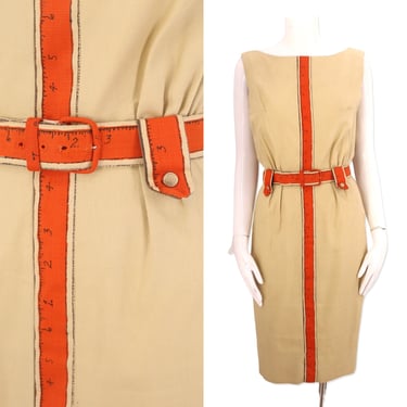 60s Trompe L'oeil ruler print pencil dress / vintage 1960s novelty measuring tape summer dress sz S 6 