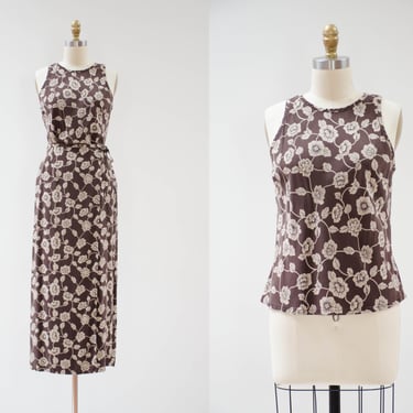 brown silk skirt set | 90s vintage Ann Taylor brown beige floral minimal silk wrap skirt sleeveless blouse 2 piece set 