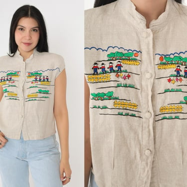 Vintage 90s Embroidered Blouse Linen-Like Folk Art Mounties Cap Sleeve Button Down Top Beige Shirt Garden Nature Scene 1990s Small S 