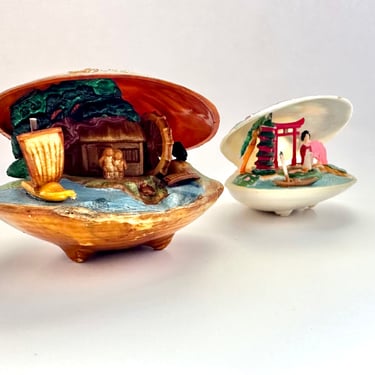 Vintage Japanese Celluoid Clam Shell Diorama Figurine 1930s - 1950s Japan Souvenir Set of 2 