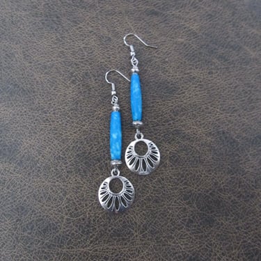 Long blue and silver bohemian dangle earrings 